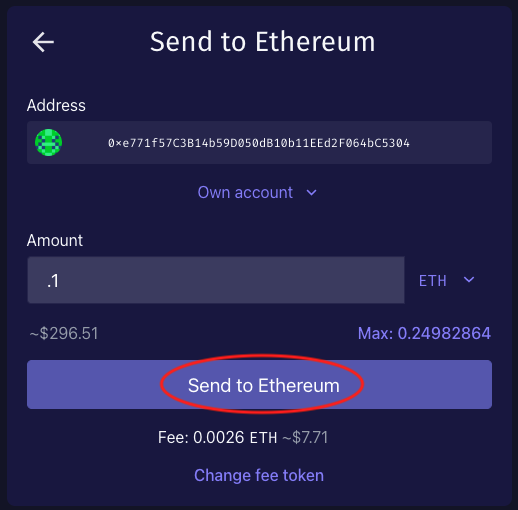 Send to Ethereum button